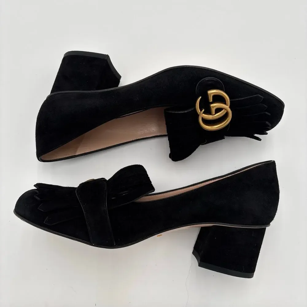 Gucci Marmont GG Fringe Kiltie Block Mid Heel Loafer Pumps Black Suede Size 37 - Picture 11 of 15
